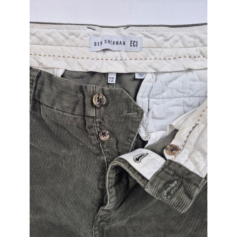 Ben Sherman W36 L32 Mens Corduroy Pants Slim Olive‎ Green Button Fly EC1